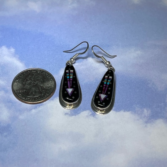 Sterling and Multi-Stone Inlay Teardrop Native American Earrings - Picture 6 of 9